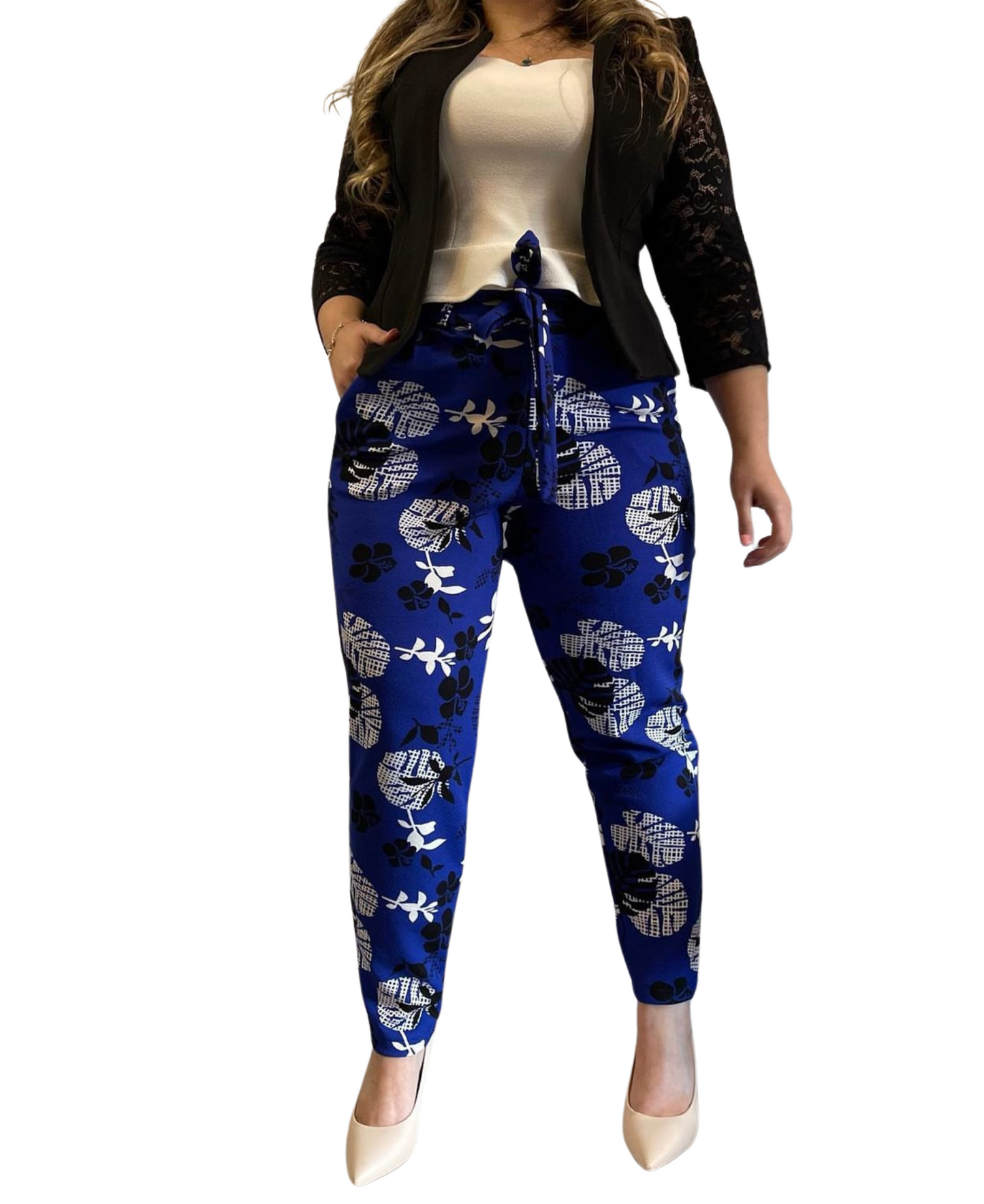 Conjunto Pantalón Lazo Azul rey flores + Tapadito encaje