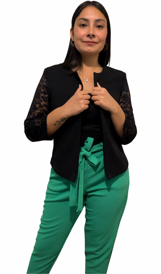 Conjunto pantalón lazo verde cata + tapadito encaje negro
