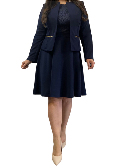 Conjunto Vestido Camell + tapado Adalet azul marino