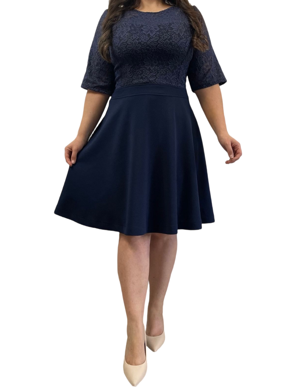 Conjunto Vestido Camell + tapado Adalet azul marino